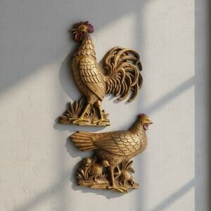 Vintage 1960s Syroco Rooster Hen Chicks Wall Plaques Set 2 MCM Farmhouse